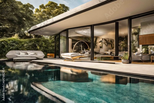 modernes neues Haus mit riesigem swimming pool und mit lanpen an  herrliche Stimmung  am Abend