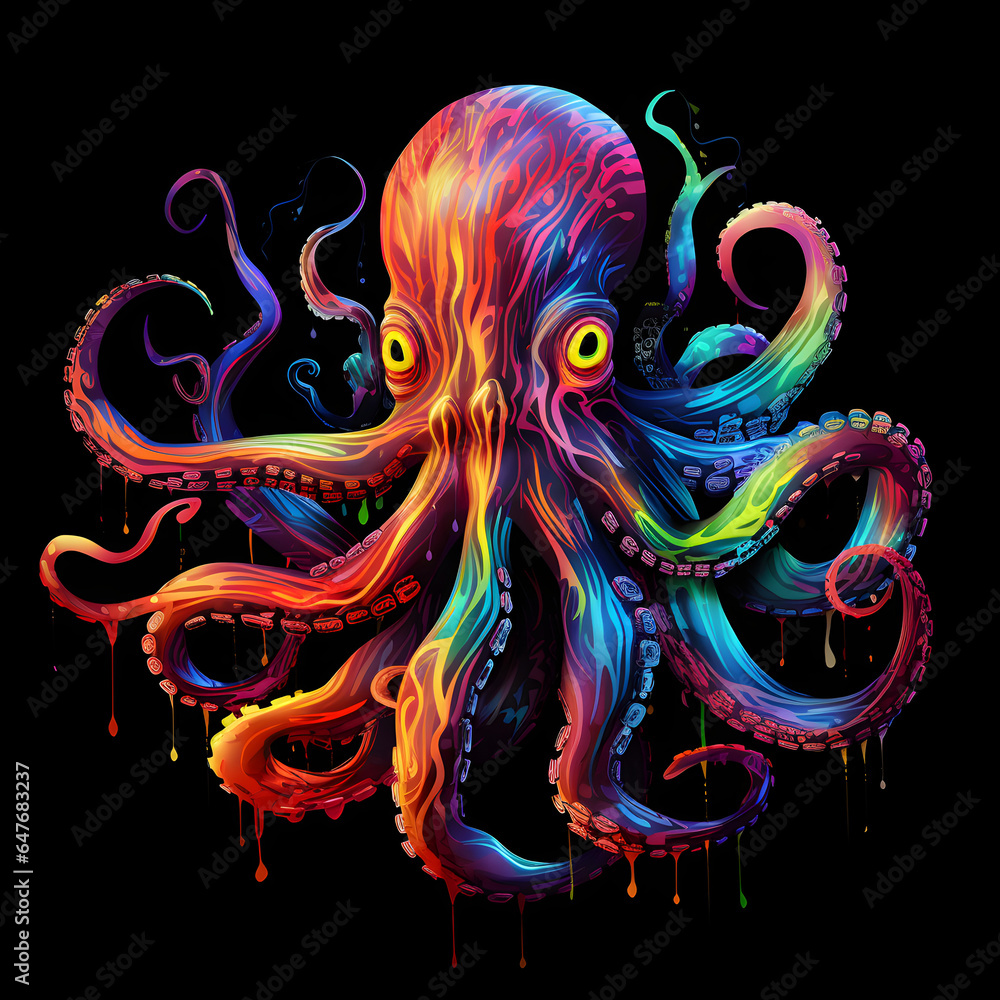 Colorful poster with octopus isolated on black background
