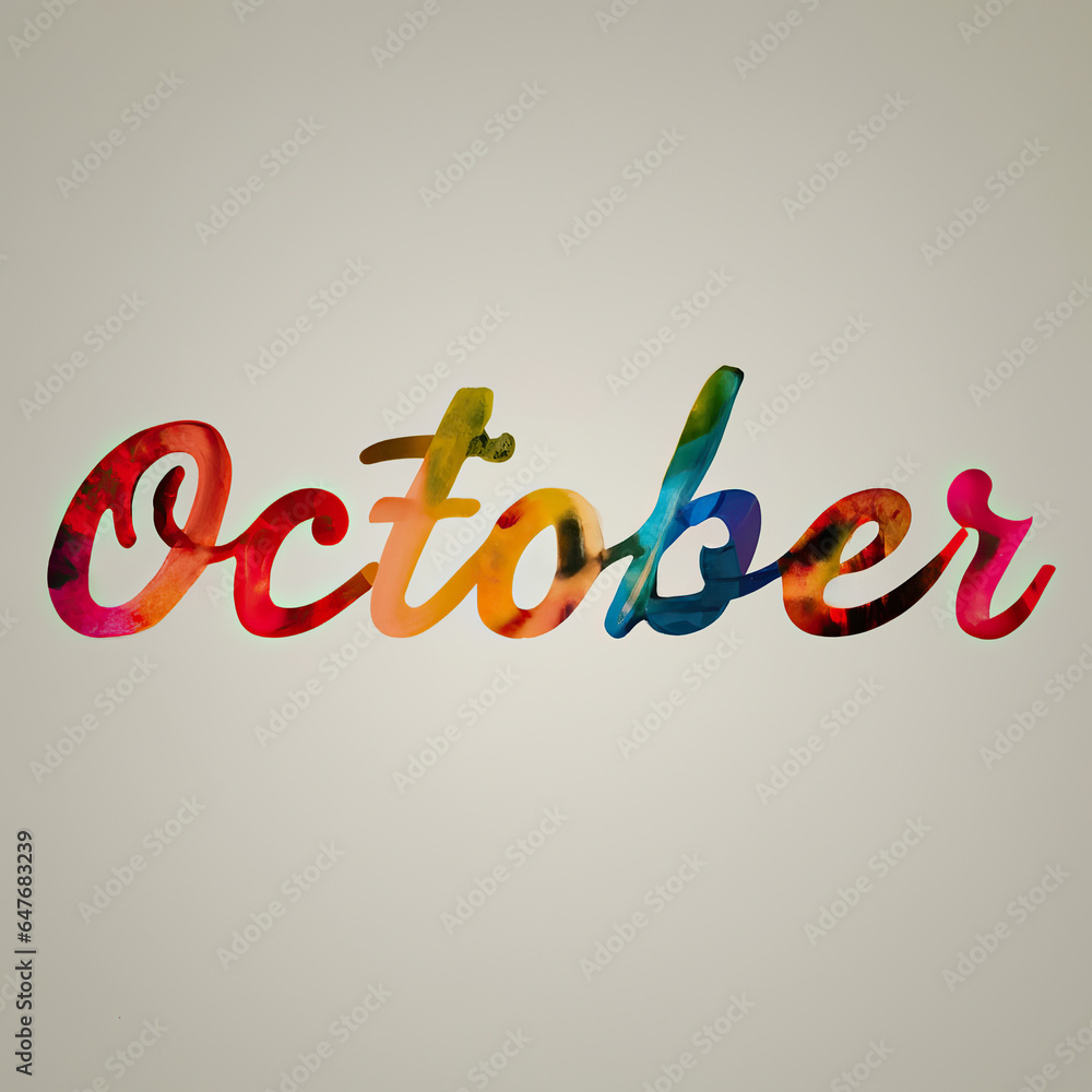 © Glittering Humanity - Text word that says OCTOBER. Wallpaper background copy space for autumn fall greeting card.