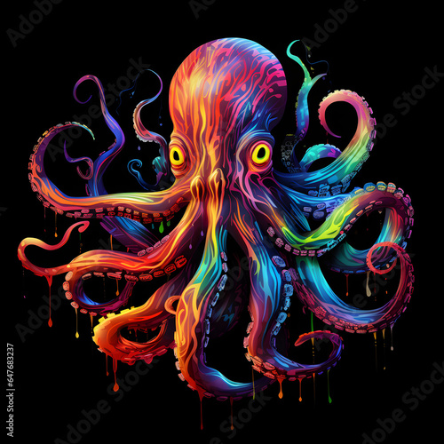 Colorful poster with octopus isolated on black background