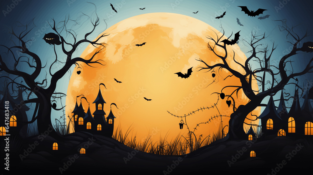 Halloween Hintergrund, Fledermäuse, Bäume, Mond, Mondschein, orange, blau, Häuser, unheimlich, gruselig, Oktober, silhouette