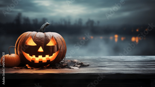 Halloween Kürbis, gruselig, Holztisch, Hintergrund, unheimlich, Nebel, Licht, Nachts auf dem Friedhof