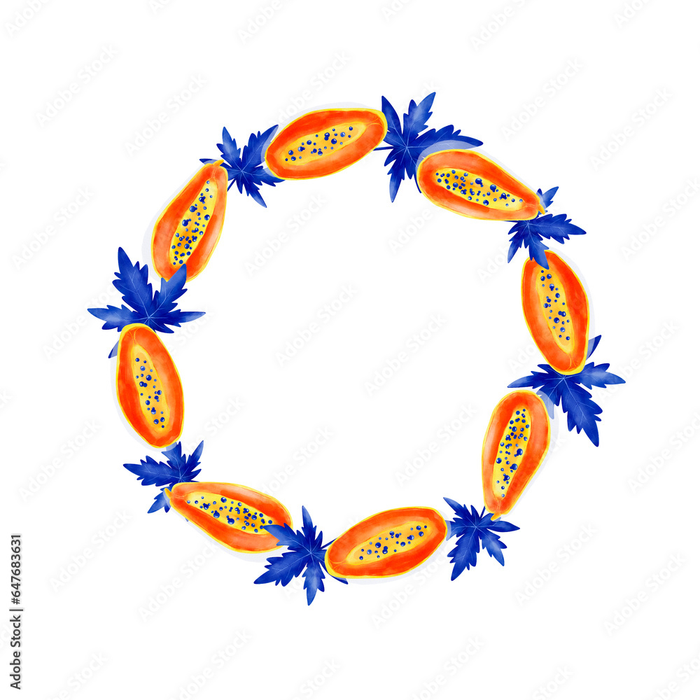 Round frame with papaya fruits and navy blue leaves, Colorful tropical design template, Digital watercolor illustration Round frame with papaya fruits and navy blue leaves, Colorful tropical design template, Digital watercolor illustration