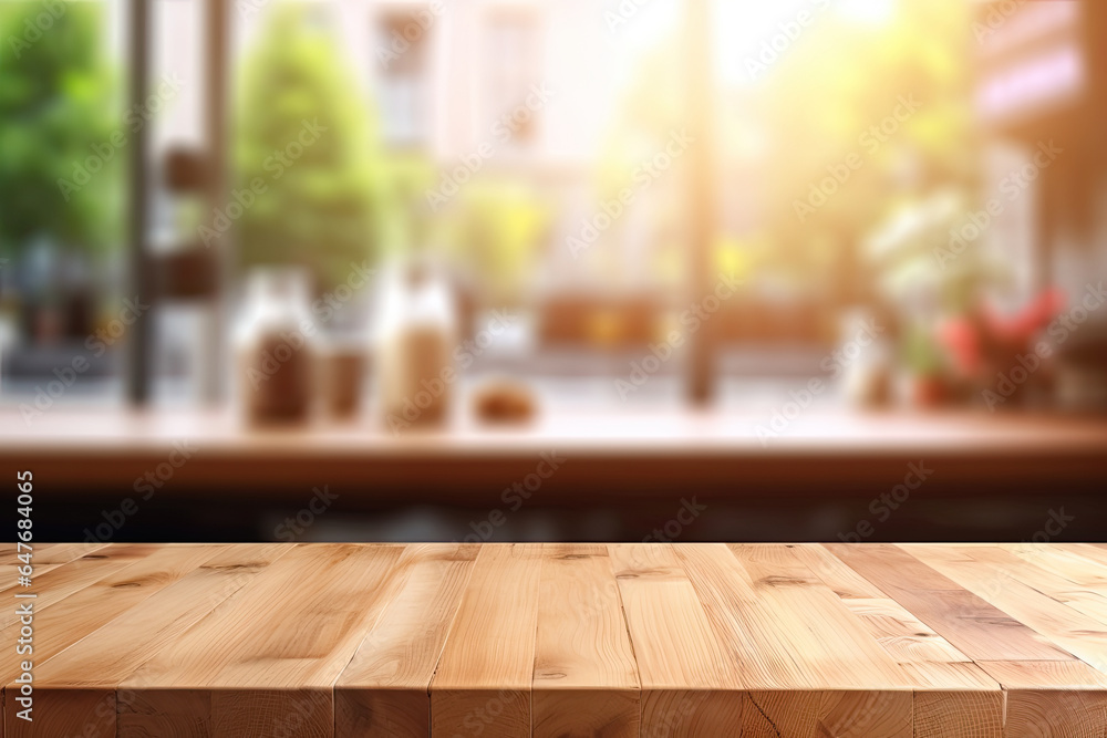 Wooden table on blurred kitchen bench background. Empty wooden table and blurred kitchen background. Wooden table on blurred kitchen bench background. Empty wooden table and blurred kitchen background.