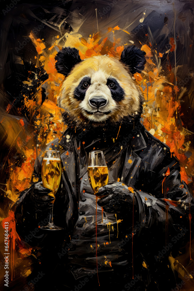 Graffiti-style drawing of a festive panda bear in black, gold, and red, celebrating with champagne in hand. Graffiti-style drawing of a festive panda bear in black, gold, and red, celebrating with champagne in hand.