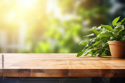 Wooden table on blurred green plants background. Empty wooden table and blurred green background.