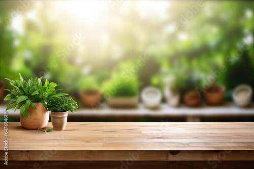 Wooden table on blurred green plants background. Empty wooden table and blurred green background. © Robert