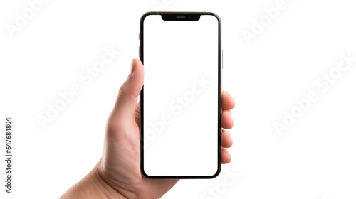 Man's Hand holding smartphone, Mockup iphone hand. phone screen for Infographic Global Business web site design. Isolated on Transparent background. Front view