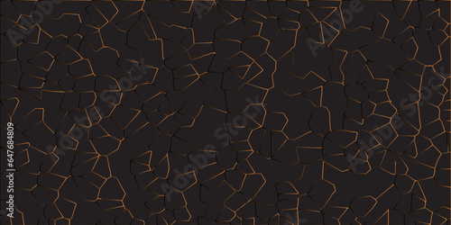 Abstract dark background of polygons in light golden colors.Abstract mosaic background of triangle plates in black colors Geometric backlight decorative background for creative projects.
