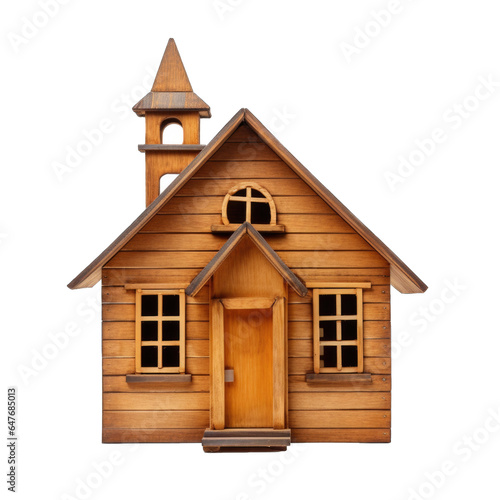 Wooden play schoolhouse, wooden toy isolated on transparent background