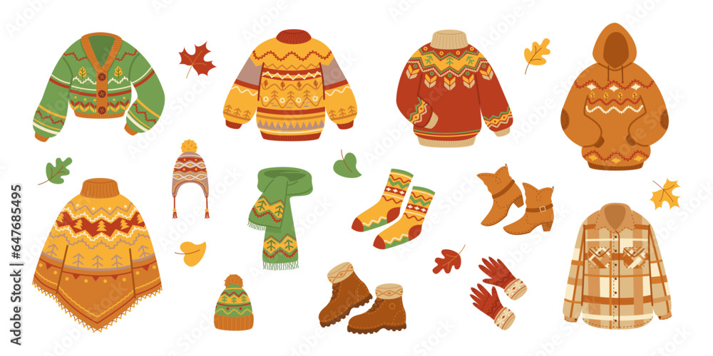 Set of autumn warm clothes isolated on white background. Knitted sweater, scarf and hat, boots. Cozy autumn. Vector stock illustration. Set of autumn warm clothes isolated on white background. Knitted sweater, scarf and hat, boots. Cozy autumn. Vector stock illustration.