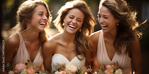 Enchanting brides in elegant gowns radiate joy, sharing laughter amidst a background of white adorned church, flowers and bonds of sisterhood accentuating their beauty.