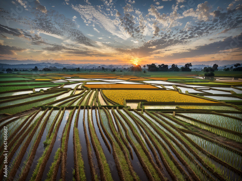 rice fields in the morning with sky sunrise