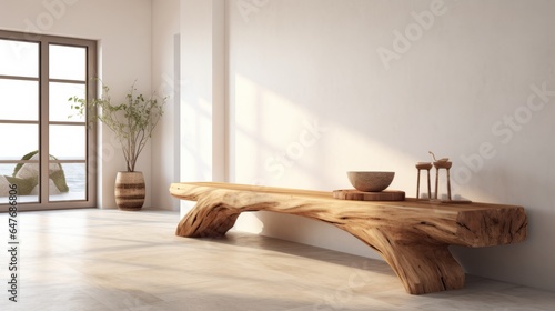 A wooden bench in a well-lit room with a view of the outdoors
