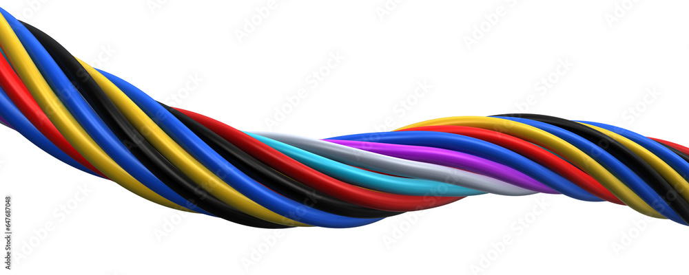 twisted multicolored plastic cables 3d render (isolated on white and clipping path)