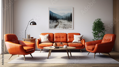 Cadeiras minimalistas de couro laranja em design de interiores redondo escandinavo de meados do século da moderna sala de estar