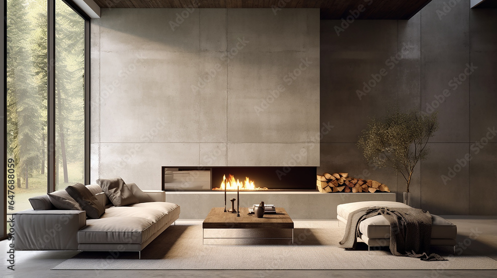 Design de interiores de estilo minimalista da moderna sala de estar com lareira e paredes de concreto - obrazy, fototapety, plakaty 