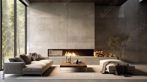Design de interiores de estilo minimalista da moderna sala de estar com lareira e paredes de concreto