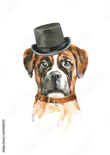 Watercolor dog breed boxer illustration, cute cool dog head hipster portrait in clothes, glasses, top hat, realistic funny dog in costume, classic, peaky blinders, sunglasses print, sticker, baby pup