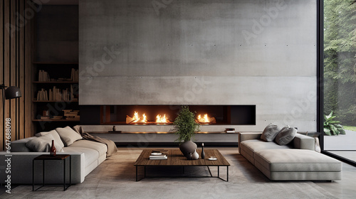 Design de interiores de estilo minimalista da moderna sala de estar com lareira e paredes de concreto photo