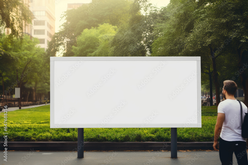Fototapeta premium man looks at a blank billboard in the city park