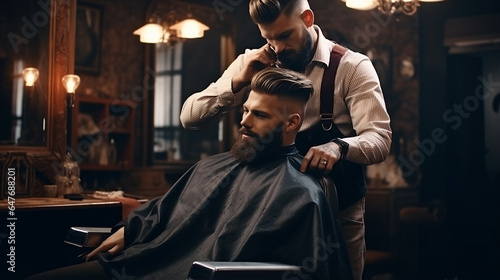 homem sorridente sentado em barbearia fazendo novo corte de cabelo  #647688201