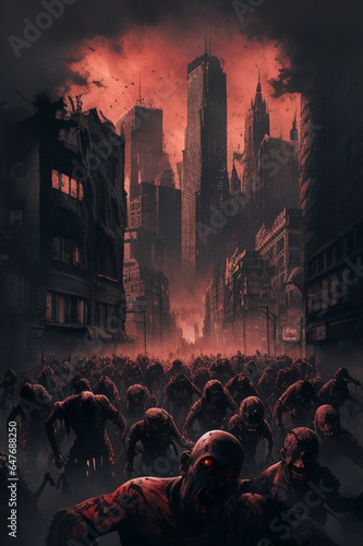 Silhouette zombies walking on ruins city background, Halloween concept illustration