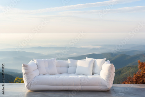 Creative white modern sofa furniture on the mountain. © Golden House Images