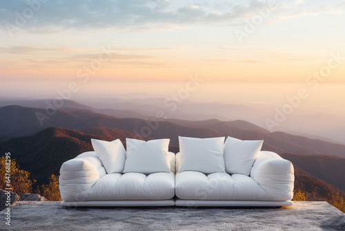 Creative white modern sofa furniture on the mountain. © Golden House Images