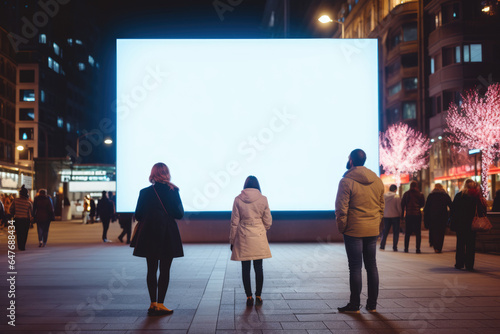 people looking at blank LED billboard mockup in night city street