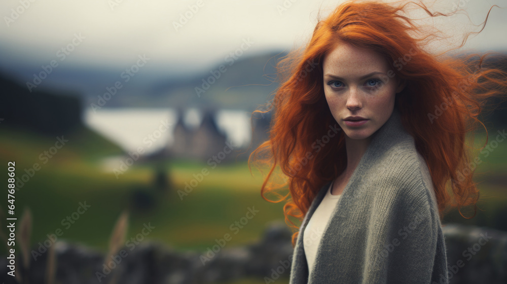 Portrait of beautiful young woman with pale white skin and gorgeous long windblown red hair, standing on top of a hill overlooking an imaginary fairytale European castle, teal green knitted jersey. Portrait of beautiful young woman with pale white skin and gorgeous long windblown red hair, standing on top of a hill overlooking an imaginary fairytale European castle, teal green knitted jersey.