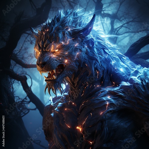 A terrible and mysterious Monster exuding mysterious energy. A formidable creature consisting of lightning flashes bright blue sprites in the night, Cinematic, Hyper - detailed, vivid colors