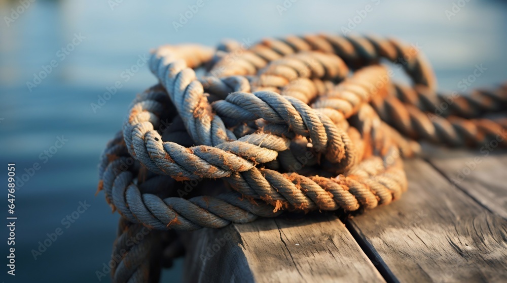 Fototapeta premium Detailed View of a Knotted Rope at a Mediterranean Fisherman's Wharf. Generative ai