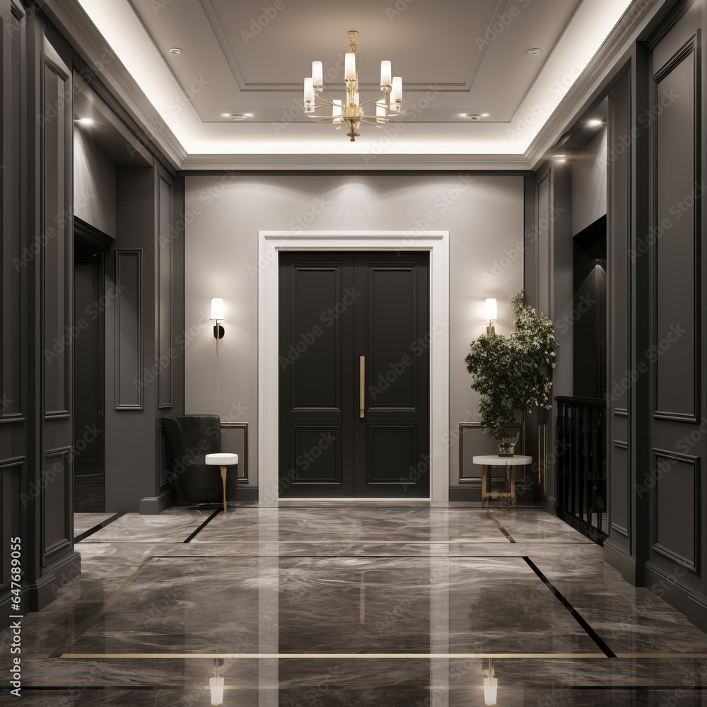 entrance hall with two elevators black and white Generative AI entrance hall with two elevators black and white Generative AI