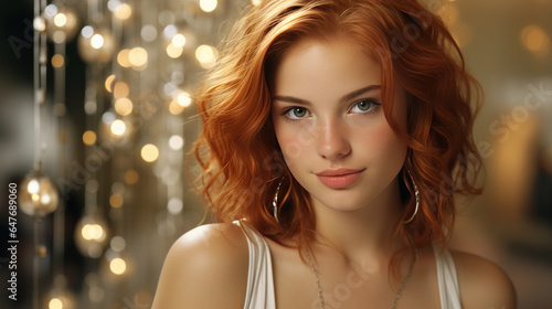 Enchanting red-haired lady with charming blue eyes, button-like nose in a white dress against gleaming diamond backdrop.