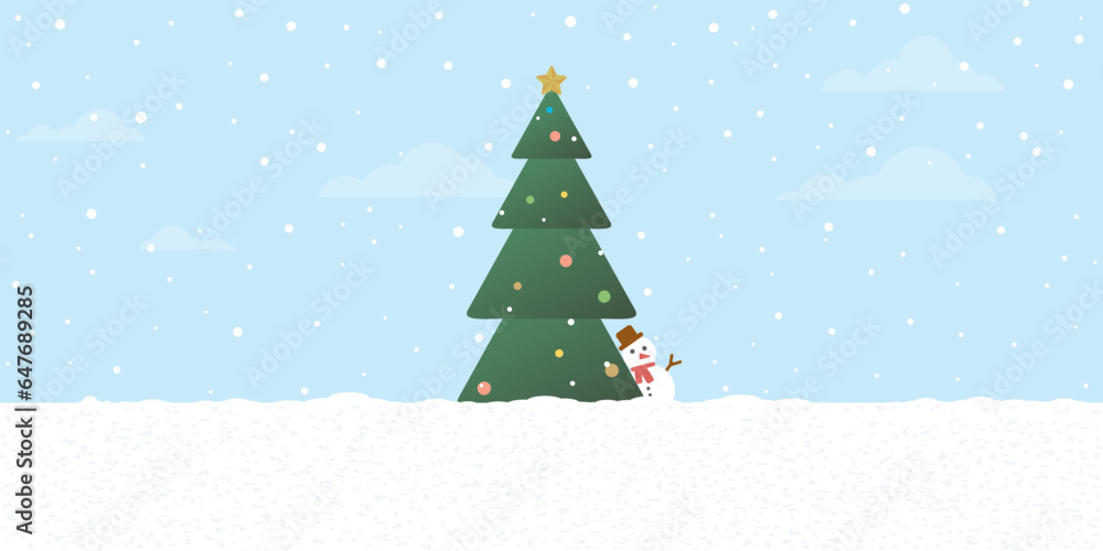Snowscape with decorated Christmas tree and snowman behind flat design vector illustration. Merry Christmas and Happy New Year greeting card template have blank space.