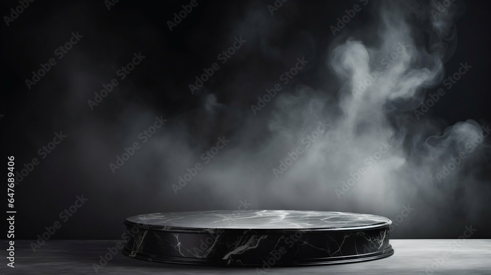 Elevated Black Marble Table in a Smoky Dark Chamber with Stone Flooring. Generative ai