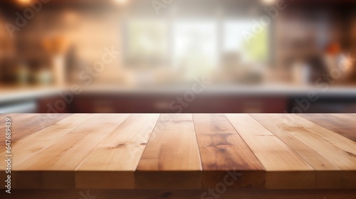 Wooden Countertop with a Blurred Lighten Kitchen in the Background. Generative ai © Scrudje