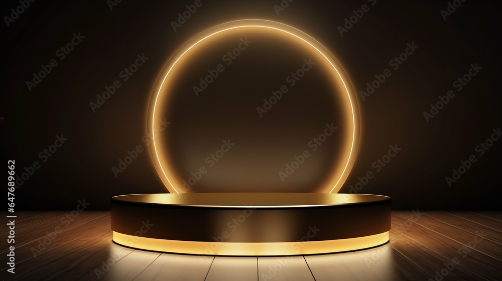 Golden Circular Podium Bathed in Luminous Lighting Effects. Generative ai Golden Circular Podium Bathed in Luminous Lighting Effects. Generative ai