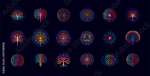 Brain neural network icon set, representing the connection of neurons, vibrant color abstract logo for science and biotechnology brands, AI, health and medical tech. Vector illustration