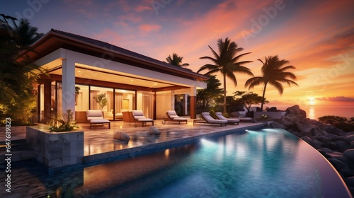 Opulent Villa Resort Featuring a Contemporary Pool at Dawn. Generative ai © Scrudje