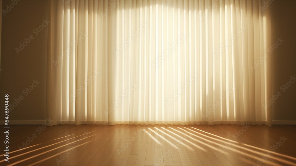 Golden Sunlight Streaming Through a Large Window and Gentle White Curtain onto Parquet Flooring. Generative ai Golden Sunlight Streaming Through a Large Window and Gentle White Curtain onto Parquet Flooring. Generative ai