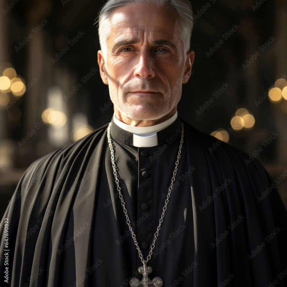 Portrait of senior priest.Wearing clergy collar. Serious face. Religion