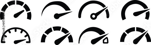 set of Speedometer, gauge meter icons. scale, level of performance. Speed dial indicator . low and high barometer, dashboard with arrows icon collection on transparent background.