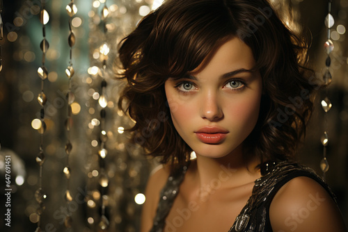 Enchanting young brunette woman, endearing with round face, blue eyes and petite nose, exuding bewilderment against a stunning backdrop of sparkling diamonds.