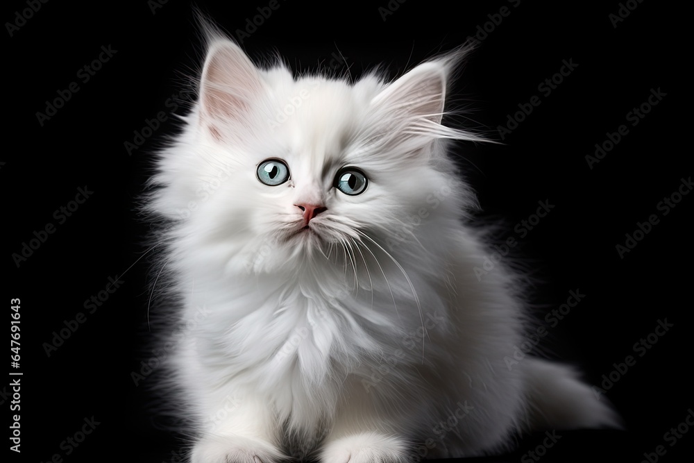 Cute fluffy white kitten with blue eyes, sitting gracefully and radiating charm on a black background.