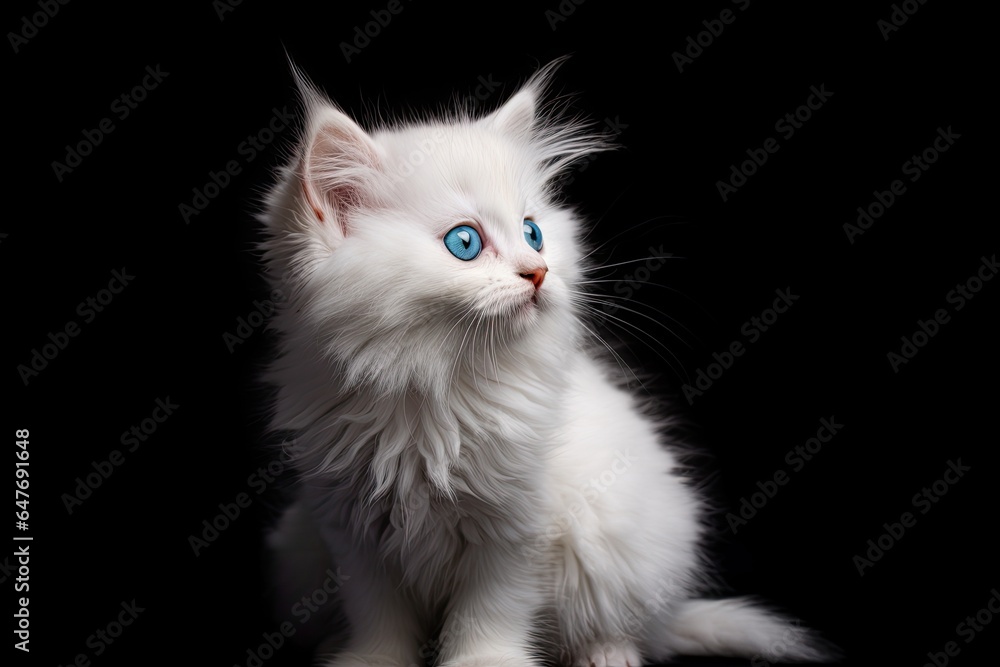 Cute white kitten with bright blue eyes, soft fur and an adorable expression, isolated on a black background.