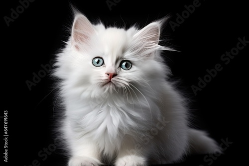 Cute fluffy white kitten with blue eyes, sitting gracefully and radiating charm on a black background.