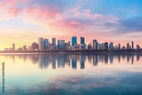 city panorama with downtown and waterfront at sunrise. Generative AI © Fable