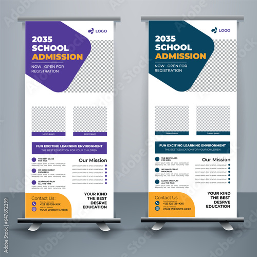 Modern and creative school admission Roll Up Banner template Premium Vector, school admission roll up banner design for school, college, university, and coaching center.